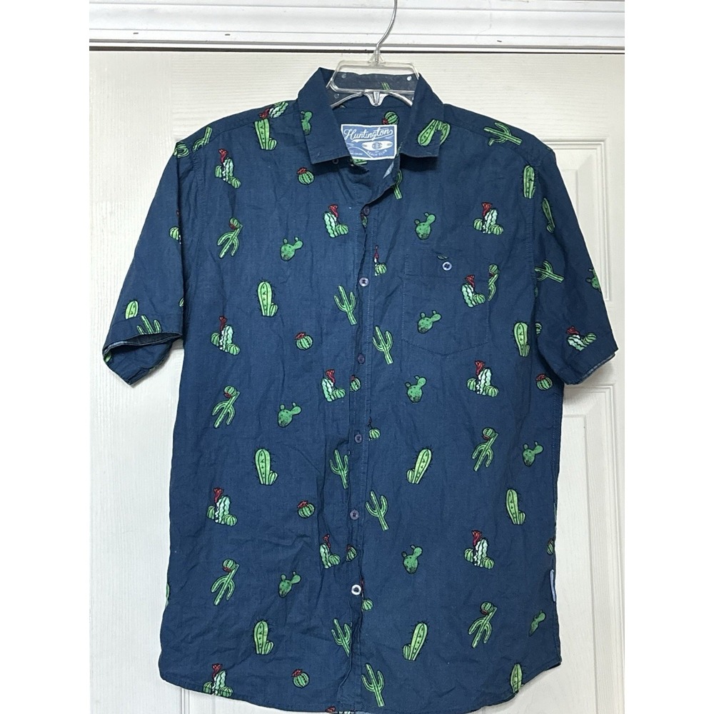 Men's Huntington Beach Club Hawaiian Cactus Button Shirt Sz Med Short Sleeve